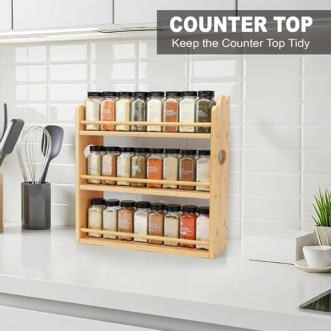 3 Tier Bamboo Spice Rack, Spice Rack Organizer, Seasoning Jars Rack Shelf Spice Organizer for Kitchen Counter or Wall Mounting, Bamboo Spice Storage Holder with handles Easy to Move-CasaMuseHome