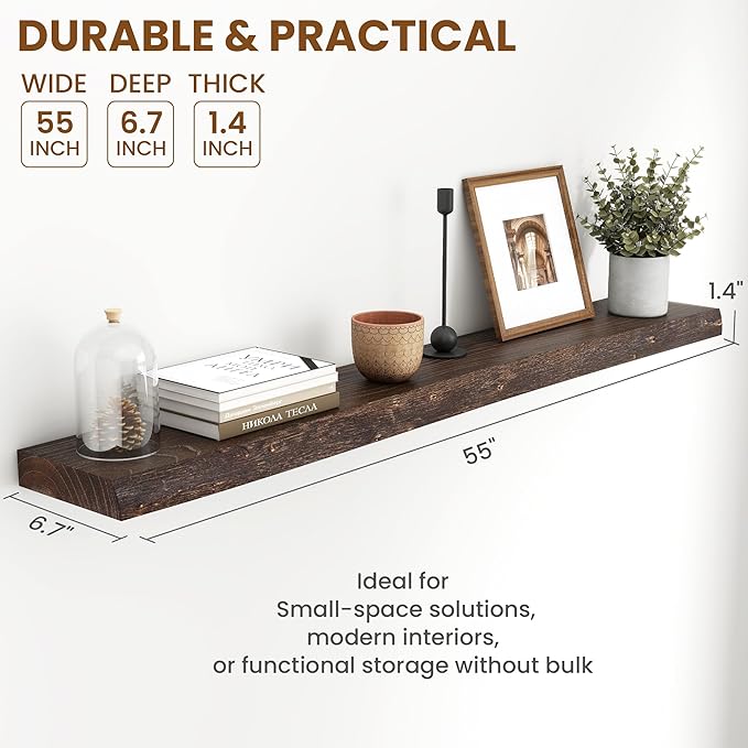 55" Floating Shelves, Live Edge Elm Wood Floating Shelf for Wall, Wall-Mounted Display Shelves with Invisible Heavy-Duty Bracket, Long Floating Shelf for Bathroom, Kitchen, Living Room, Walnut Color-CasaMuseHome