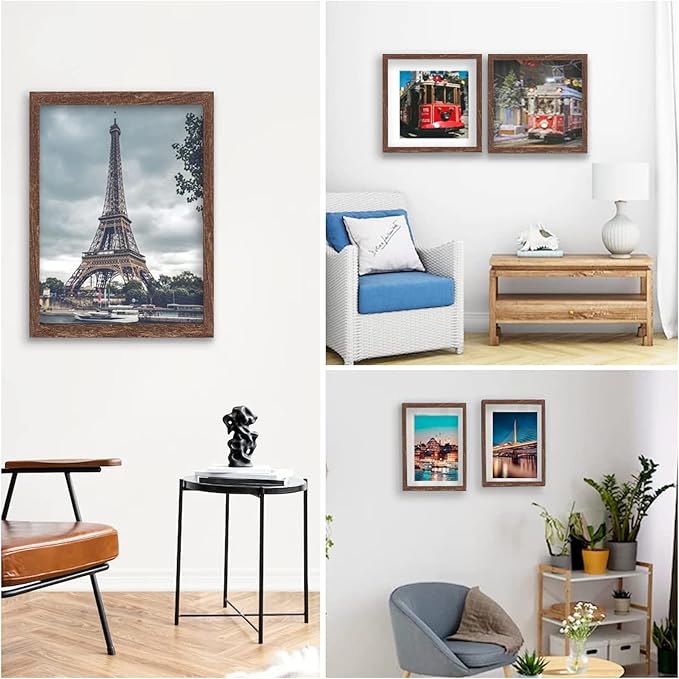 12x12 Picture Frame Set of 6, Display Pictures 8x8 with Mat or 12x12 Without Mat for Wall Mounting,Rustic Brown-CasaMuseHome