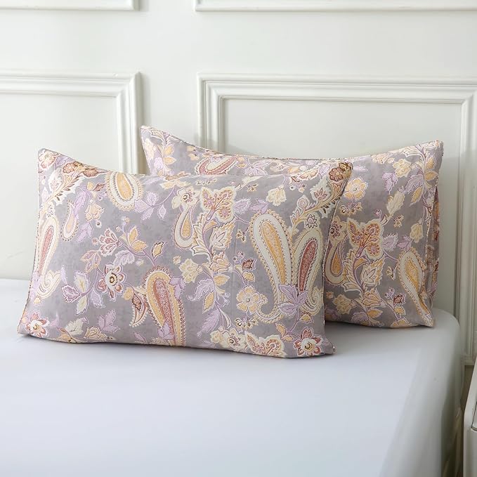 ABREEZE Paisley Bedding Sets 3Pcs Brushed Cotton Duvet Cover Set Queen Size Rustic Damask Gold Floral Comforter Cover with Zipper Closure Boho Bedding Collections-CasaMuseHome