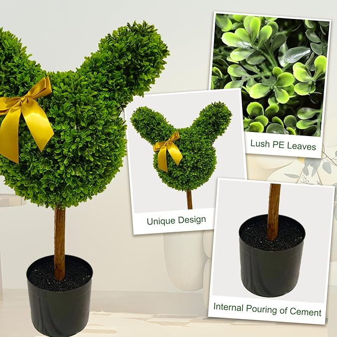 2 Pcs Artificial Bunny Shaped Topiary Trees, Artificial Green Boxwood Bunny Decorations with Gold Bow, Perfect for Indoor & Outdoor Front Porch, Easter& Garden Decor (Bunny Shaped Topiary Tree)-CasaMuseHome