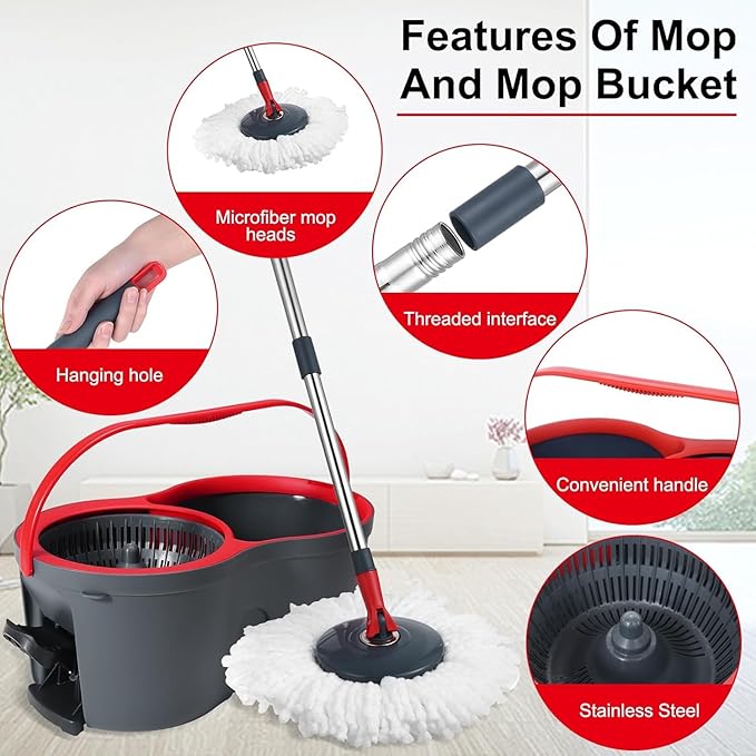 360° Spin Mop and Bucket Set Cleaning System,Mop and Bucket with Wringer Set for Home,Wet Dust Mop for Floor Cleaning with 4 Mop Heads-CasaMuseHome
