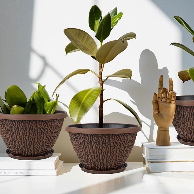 4 Pack Plant Pots Outdoor Indoor, 8 Inch Small Flower Pots with Drainage Hole & Tray, Thickened Plastic Outdoor Planters for Garden House Decor - Pebbles Pattern Design-CasaMuseHome