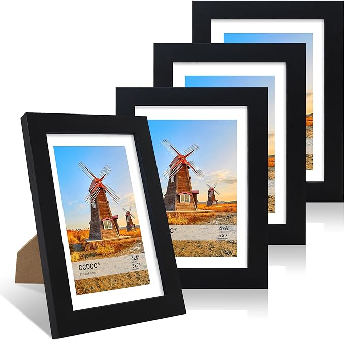 5x7 Picture Frame Set of 4, 5 x 7 Wood Photo Frames with Mat for 4x6, Wooden Frame with Real Glass Cover for Wall and Tabletop Display,Black-CasaMuseHome