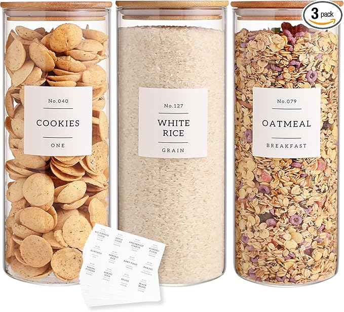 3 Pack Glass Jar with Airtight Bamboo Lid and White 132 Kichen Pantry Labels Preprinted - 56 Oz Clear Tall Glass Food Storage Containers set For Pasta Flour Cookie Rice-CasaMuseHome