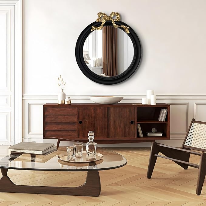 25x25 inch Bow Antique Round Mirror for Wall, Gold & Black Decorative Wall-Mounted Circle Mirror, Perfect for Bedroom, Hallway, Living Room Décor, and Bathroom Vanity-CasaMuseHome