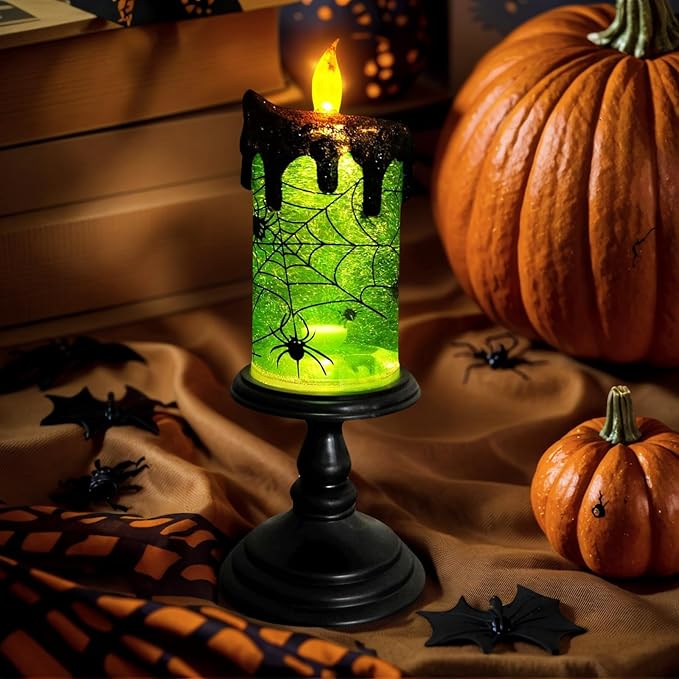 1.Halloween Snow Globe Tornado Flameless Candles Table Centerpiece for Celebration Party,Battery Operated LED Candle with 6 Hours Timer for Home Indoor Halloween Decoration (Spider)-CasaMuseHome