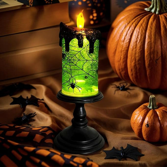 1.Halloween Snow Globe Tornado Flameless Candles Table Centerpiece for Celebration Party,Battery Operated LED Candle with 6 Hours Timer for Home Indoor Halloween Decoration (Spider)-CasaMuseHome