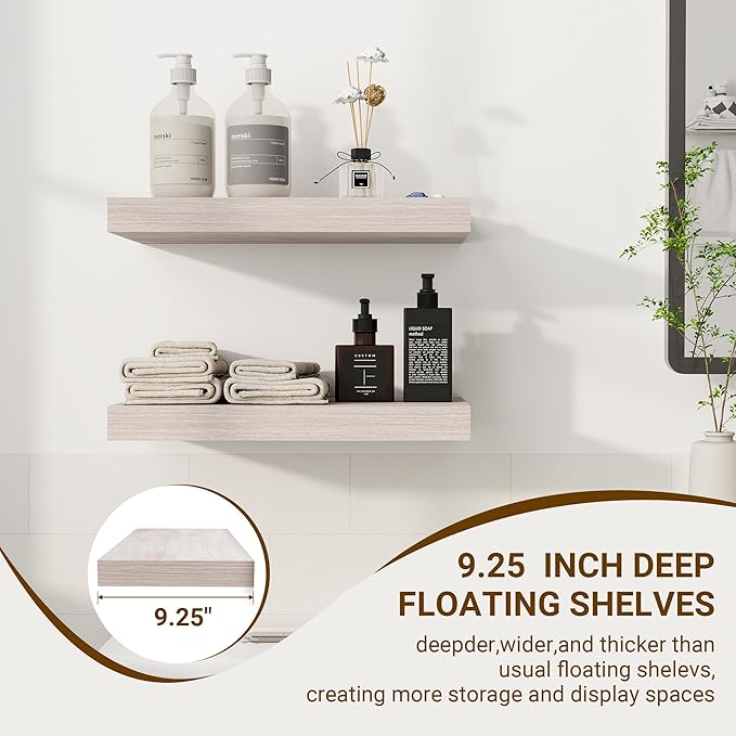 16 Inch Floating Shelves, 3D Textured Wood Grain, 16"x9.25"x1.5" Inch Deep Floating Shelves for Wall, Wooden Shelves for Bathroom, Bedroom, Living Room, Washed White-CasaMuseHome