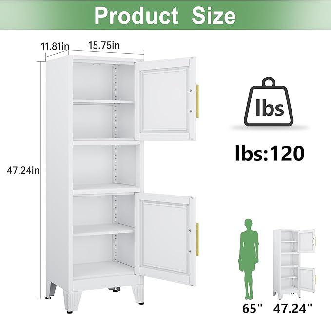 47.24" H Metal Narrow Bathroom Storage Cabinet Pantry Storage Cabinet, 2 Adjustable Shelves for Kitchen, Home Office, Living Room, Dinning Room (White)-CasaMuseHome