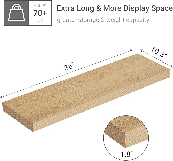 10 inches Deep Floating Shelves 36 inch Long, Large Oak Wall Shelves Heavy Duty 70 lbs for Bedroom, Bathroom, Living Room, Kitchen, Office, Modern Shelf Home Decor with Invisible Bracket-CasaMuseHome