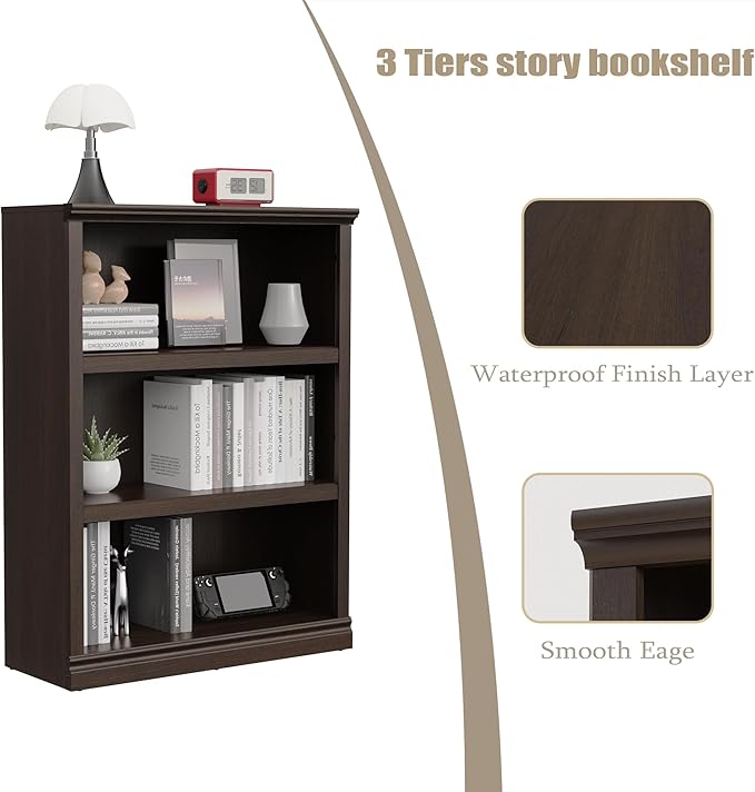 43 in Tall Bookcase, 3-Tier Bookshelf Open Storage, 33 inch Wide Floor Standing Indoor Furniture, Book Cases for Home School Library Office Bedroom Kids, Dark Cherry 3 Tiers-CasaMuseHome