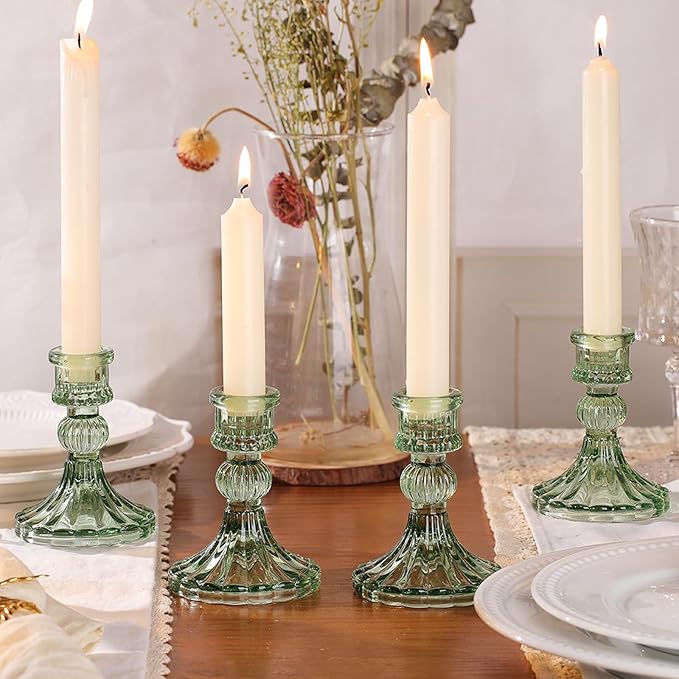 12PCS Green Candlestick Holders Set- 4" H Taper Candle Holders, Glass Candle Holders Bulk for Wedding, Party, Home Table Centerpieces, Festival Gifts & Windowsill Decor-CasaMuseHome