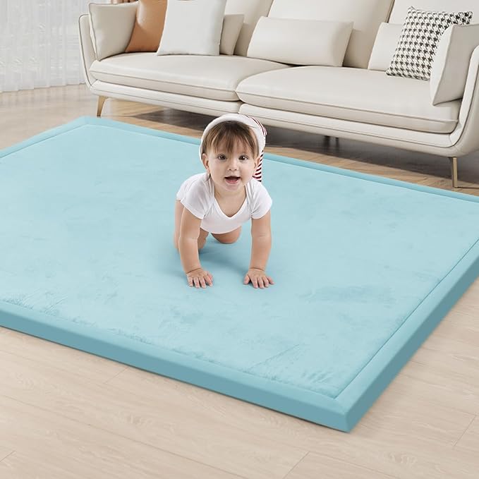 ACOMOPACK Baby Play Mat for Floor 1.3" Thick Memory Foam Play Mat 79"×157 Tummy Time Crawling with Non-Slip Bottom for Living Room,Nursery,Soft Velvet Playpen Mats for Kids,Infants（Light Blue）-CasaMuseHome