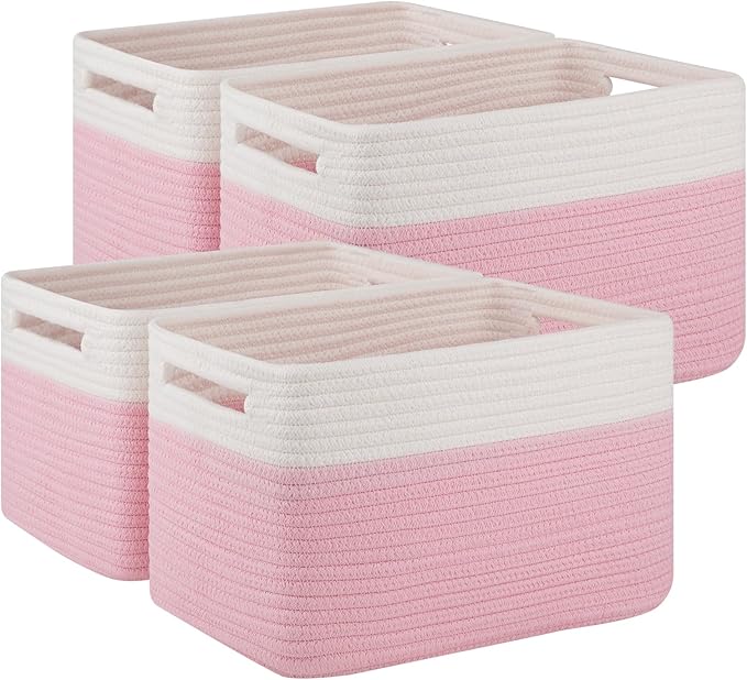 4 Pack Storage Baskets for Organizing, Woven Baskets for Shelves - Perfect for Toys, Books, Towels, and Clothes, Durable Gift Basket Bins Toy Storage, 12.7''Lx9''Wx7.8''H, Pink & White-CasaMuseHome