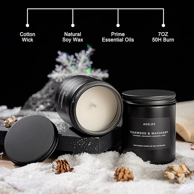 2 Pack Teakwood & Mahogany Candle | Scented Candles for Men, Man Gifts for Men - Masculine Candles - Soy Candle for Home Scented - 7oz Black Jar, Long Lasting-CasaMuseHome