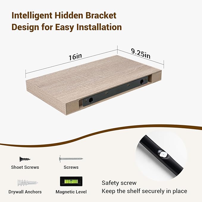 16 Inch Floating Shelves, 3D Textured Wood Grain, 16"x9.25"x1.5" Inch Deep Floating Shelves for Wall, Wooden Shelves for Bathroom, Bedroom, Living Room, Vintage White Oak-CasaMuseHome