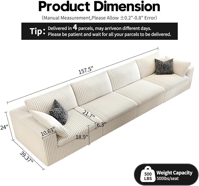 157.5" Cloud Couch Modular Sectional Sofa for Living Room,Modern Sofa with Deep Seat，4 Seater Boneless Couch,Comfy Upholstered Corduroy Couches for Apartment, Studio, Office,Bedroom，White-CasaMuseHome