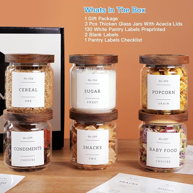 6 Set Glass Pantry Storage Jars with Acacia Airtight Lid - 15oz Thicken Glass Kitchen Canisters with 132 Pantry Labels - Clear Glass Food Storage Containers with Wood Lid for Tea,Sugar,Spice,herbs-CasaMuseHome
