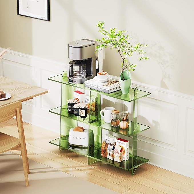 Acrylic Bookshelf, Small 3 Tier Open Bookcase for Small Spaces,Sofa Table, Hallway Entry Table for Home Living Room (Green, 39.4'' x 11.8'' x 31.5'')-CasaMuseHome