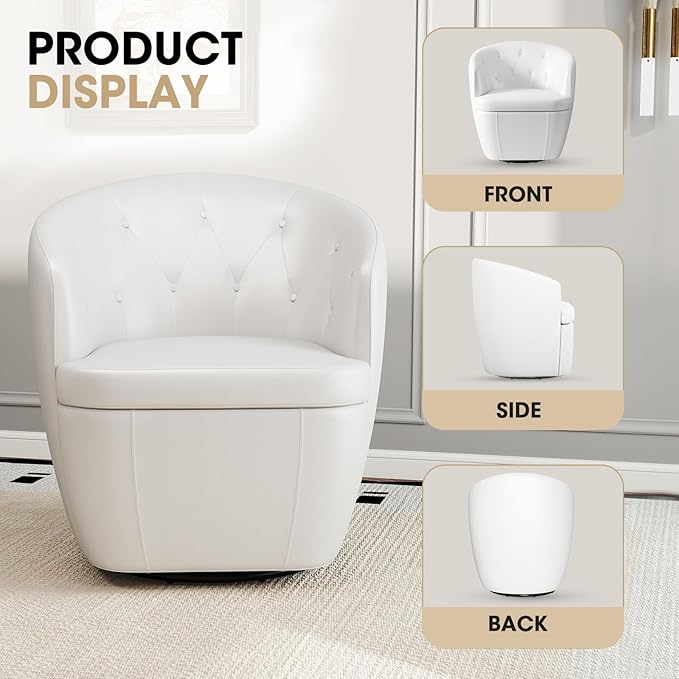 360° Swivel Leather Accent Chair, Modern Barrel Club Chair with Leather Upholstery and Sturdy Base, Comfortable Armchair for Living Room, Bedroom, Reading Nook, White-CasaMuseHome