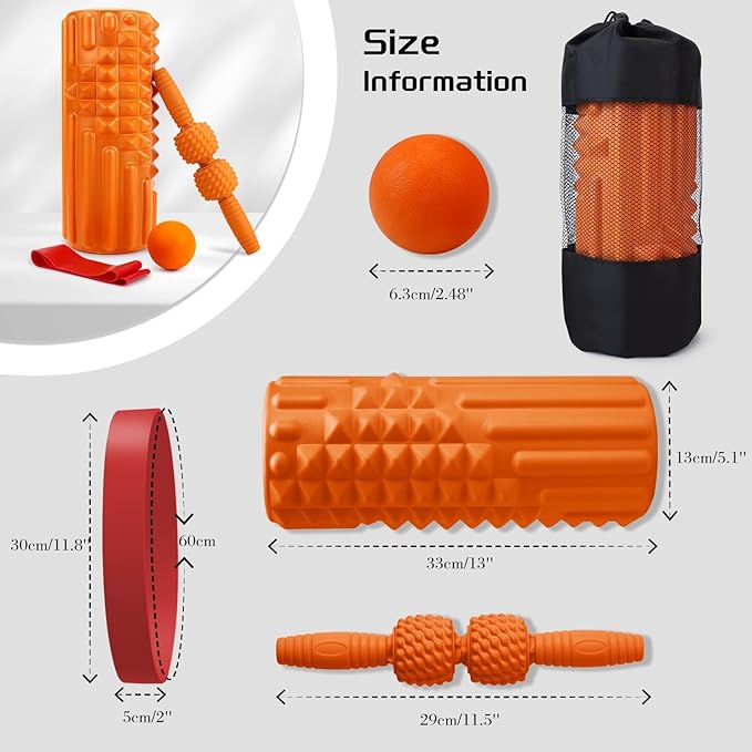5-in-1 Foam Roller Set, Massage Roller Stick, Massage Ball, Resistance Band for Deep Muscle Massage, Trigger Point Release, Pilates, Yoga (Orange)-CasaMuseHome