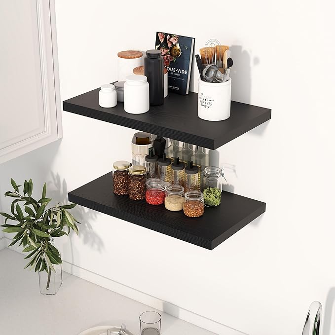 24" Floating Shelves for Wall, 12" Deep Slim Black Floating Shelves, Wall-Mounted Shelves for Bedroom, Living Room, Kitchen, Bathroom - Set of 2-CasaMuseHome