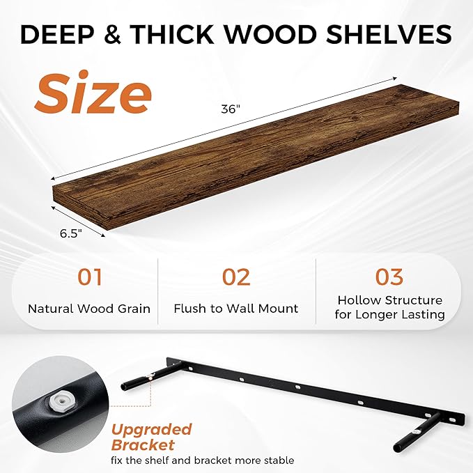 36Inch Floating Shelves for Wall 2 Pack Wood Shelves for Kitchen, Bathroom, Bedroom Wall Mounted Rustic Wood Floating Shelf with Invisible Brackets for Books, Storage, Decor, Rustic Brown-CasaMuseHome