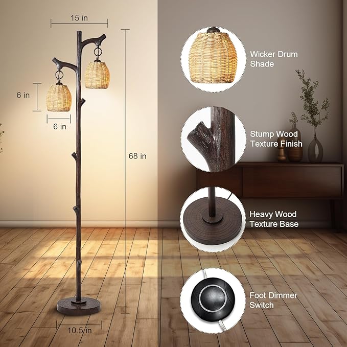 68" High Farmhouse Rustic Country Cottage Floor Lamp Tree Trunk Faux Wood Column Dark Bronze Wicker Drum Shade Decor for Living Room Bedroom Reading Room-CasaMuseHome