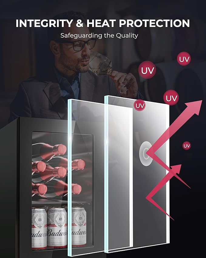 6 Bottles and 6 Cans Compact Beverage Refrigerator, Freestanding Mini Fridge with Temperature Control for Beer Wine, Under Counter Small Refrigerator Adjustable Shelve & Glass Door for Home and Bar-CasaMuseHome