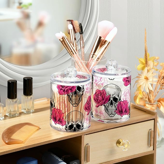 2 Pack Qtip Holder Dispenser Skull Rose Flower Bathroom Storage Canister Lid Acrylic Plastic Apothecary Jar Set Vanity Makeup Organizer for Cotton Swab/Ball/Round Pads, Floss-CasaMuseHome