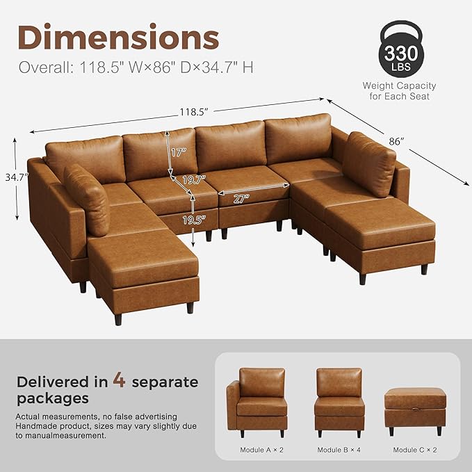 118.5" Faux Leather Modular Sectional Sofa, Modern Large 8 Seater U Shaped Couch with Storage Seat with Reversible Chaise Deep Seat for Living Room DIY Combination - Brown-CasaMuseHome