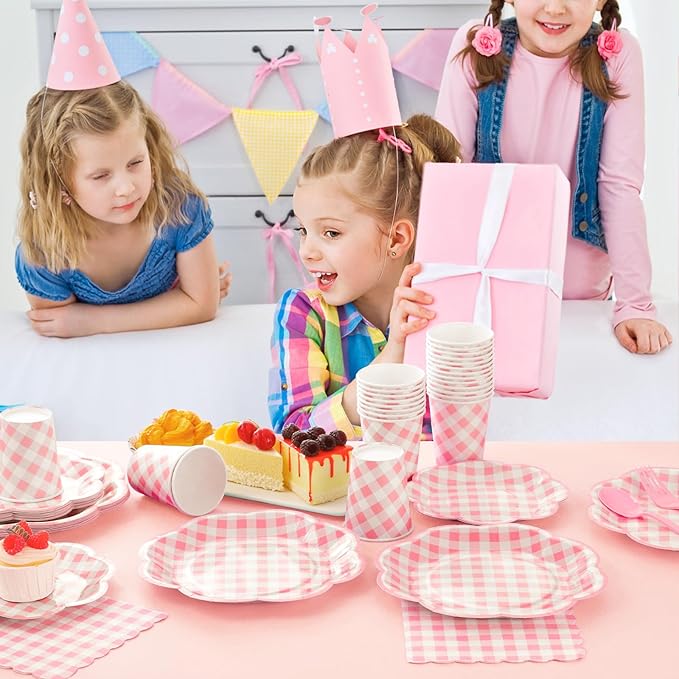 350 Pcs Pink Gingham Plates and Napkins Party Supplies - Pink and White Checkered Plates Sets Serve 50 Guests - Scalloped Gingham Paper Plate for Birthday Wedding Picnic Party Decorations-CasaMuseHome