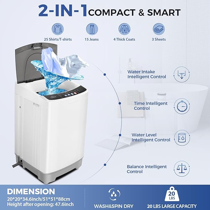 20Lbs Portable Washing Machine Nictemaw Portable Washer, 2.8 Cu.ft Washer and Dryer Combo with Drain Pump, 10 Programs 8 Water Level Compact Laundry Washer for Home, Apartment, RV, Dorms-CasaMuseHome