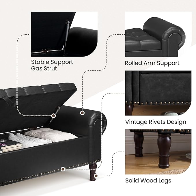60" Storage Ottoman Bench for Bedroom, Full Queen Storage Bench with Button, Upholstered Bedroom Bench with Rolled Arms for Living Room, Storage Room, Entryway, Black-CasaMuseHome