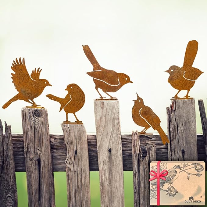 5PCS Rusty Birds Decoration,Outdoor Bird Wall Decor,Metal Birds Yard Decor, Metal Birds Craft Statue Ornaments - Garden Sculptures and Yard Art, Fence Decorations Outdoor,Rustic Garden Decor-CasaMuseHome