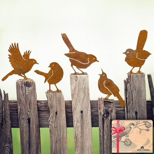 5PCS Rusty Birds Decoration,Outdoor Bird Wall Decor,Metal Birds Yard Decor, Metal Birds Craft Statue Ornaments - Garden Sculptures and Yard Art, Fence Decorations Outdoor,Rustic Garden Decor-CasaMuseHome