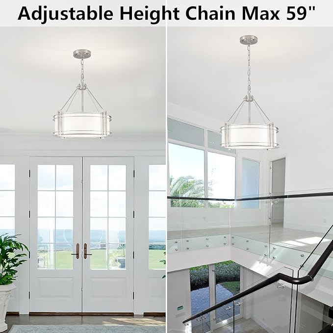 16.3''Drum Chandelier 3-Light Brushed Nickel Modern White Fabric Chandeliers Adjustable Drum Pendant Light for Dining Room Kitchen Island Hallway Living Bedroom-CasaMuseHome