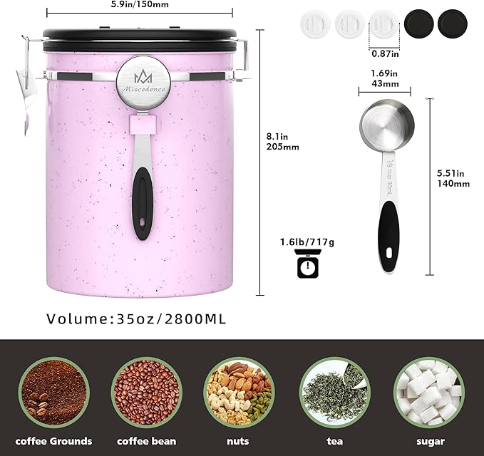 35OZ Coffee Canister for ground coffee with Date Tracker,pink 304 Stainless Steel Kitchen Food Airtight storage container for Coffee Beans or Grounds, Tea, Sugar-CasaMuseHome