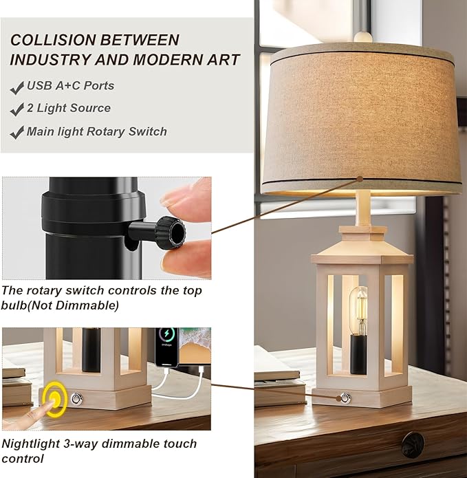 23.75" Retro Farmhouse USB C+A Ports Table Lamp with 3 Way Dimmable Touch Control White Nightlight Vintage Modern Lamp for Living Room Bedroom with 2 Light Sources-CasaMuseHome
