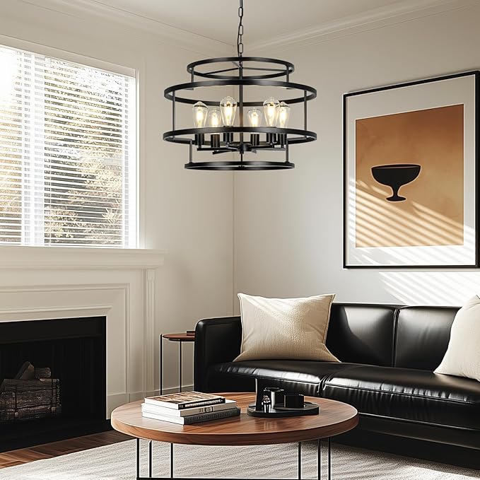 24" Black Chandelier, 6-Light Farmhouse Pendant Light Fixture with Geometric Metal Frame, Modern Industrial Ceiling Hanging Light for Dining Room, Living Room, Bedroom, Kitchen Island, Hallway, Foyer-CasaMuseHome