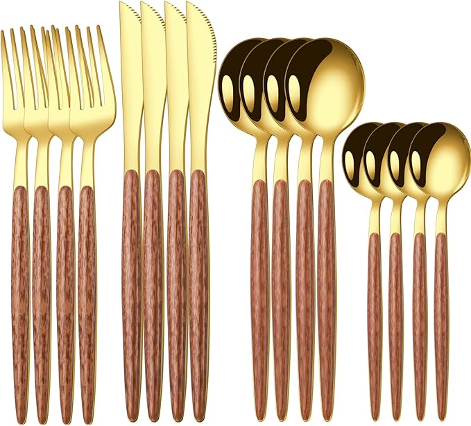 16 Pcs Gold Silverware Set with Simulated Wooden Handle for 4,Stainless Steel Cutlery Set,Mirror Polished Tableware Utensils Flatware Set,Include Knives Spoons and Forks set,Dishwasher Safe-CasaMuseHome