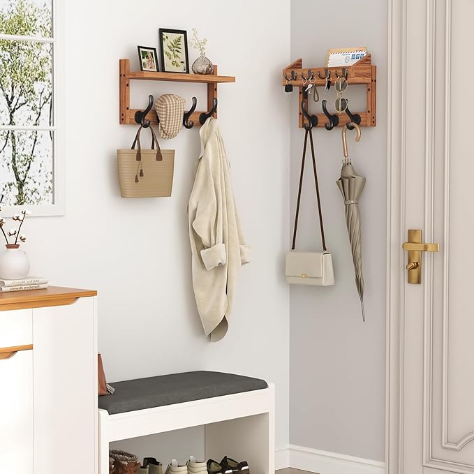 29" Coat Rack Wall Mount with Shelf, 4 in 1 Wall Mounted Coat and Key Hanger with 11 Hooks, Entryway Key Holder with Mail Holder for Living Room, Bedroom-CasaMuseHome