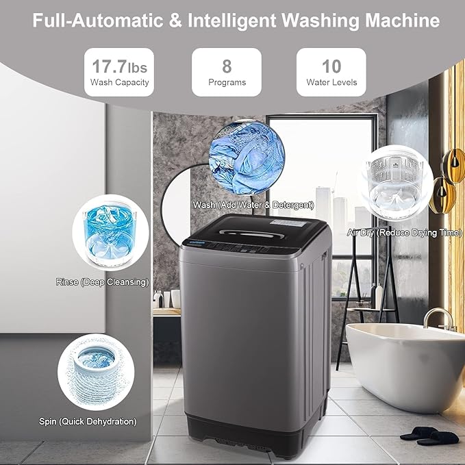 17.7 lbs Full Automatic Washing Machine with LED Display Compact Drain Dump, 10 Wash Programs and 8 Water Levels Ideal for Dorms, Apartments, RV, Grey (KB03-GREY6-3)-CasaMuseHome