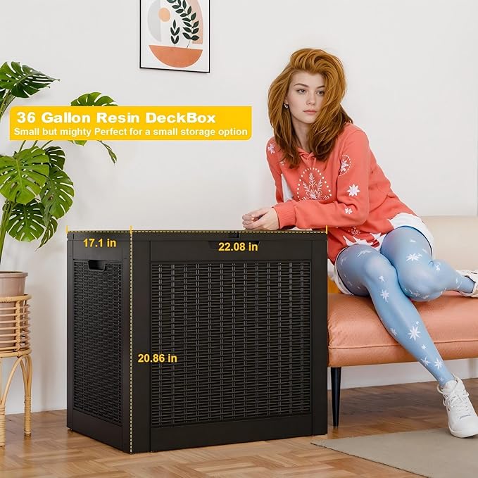 36 Gallon Outdoor Deck Box,Storage Lockable Waterproof Patio Furniture,Garden Tools,Cushions,Pool Accessories Outside Storage Resin Box(Black Pattern)-CasaMuseHome