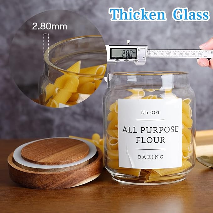 16 OZ Stackable Glass Food Storage Jars with 132 Pantry Labels Preprinted - 6 Pcs Thicken Glass Storage Containers with Airtight Acacia Lid - Clear Kitchen Canister for Spice, Tea, Coffee, Sugar-CasaMuseHome