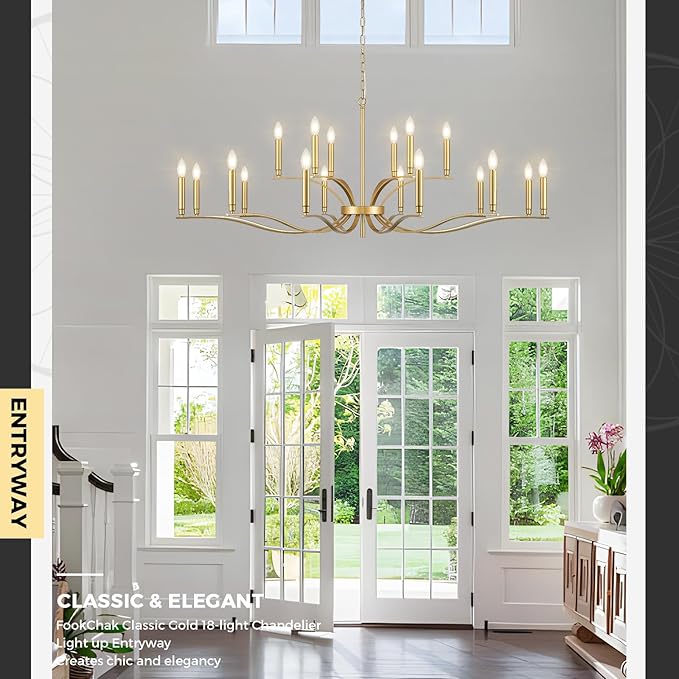 18 Light Gold Living Room Chandelier High Ceiling Foyer Candle Chandelier Large Modern Brass 59in Metal Chandeliers Hanging Light for Master Bedroom Dining Room Light Fixture Over Table-CasaMuseHome