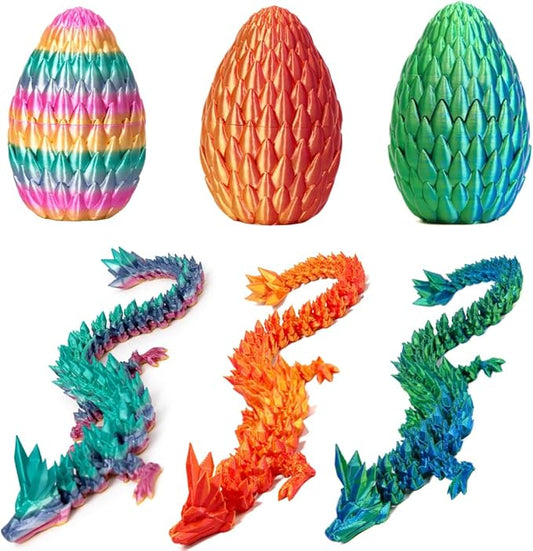 3PCS 3D Printed 12” Articulated Crystal Dragon Inside 5.1” Egg – Fantasy Collectible, Fidget Toy & Stocking Easter Basket Stuffers for Home & Office Decor (3pcs - Rainbow)-CasaMuseHome