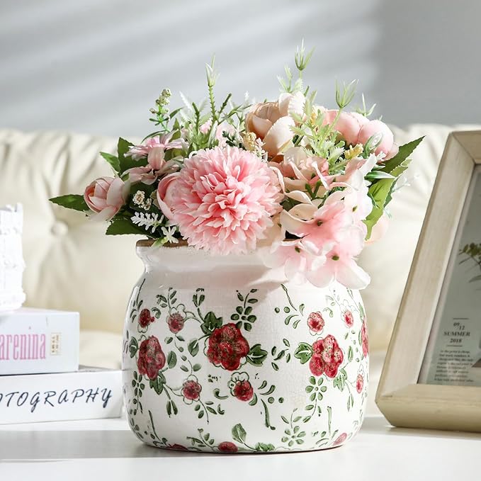 1 Pcs Vintage Planter Large Ceramic Plants Pot Red Plum Crack Cottage Scroll Vase Flower Vase Pot Indoor Plants Home Kitchen Decor Farmhouse Antique Decorative Gift-CasaMuseHome