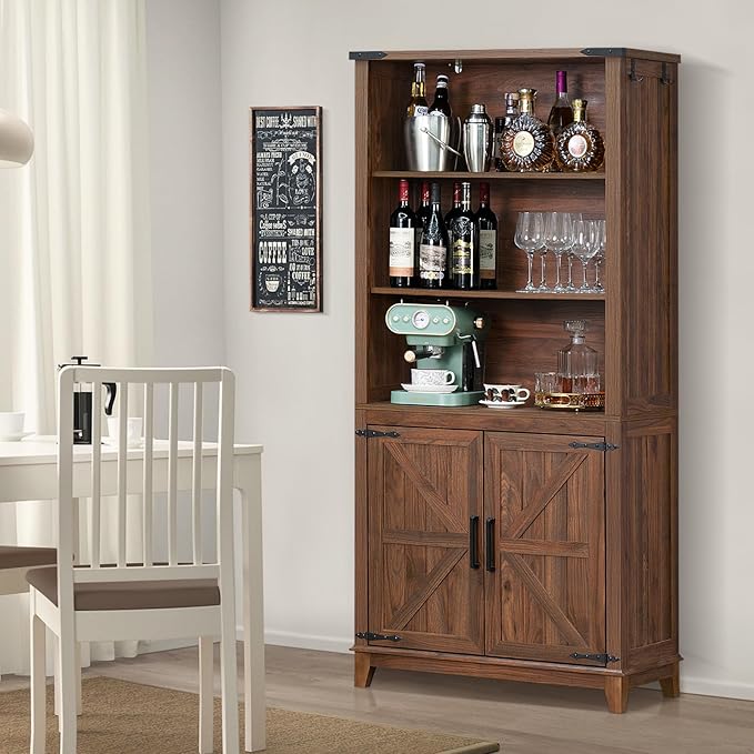 70in Tall Bookshelf 5 Tier Bookcase with Barn Doors and Adjustable Shelves, Brown Farmhouse Book Shelf with Storage Cabinet, Wood Freestanding Display Bookshelves for Bedroom, Living Room-CasaMuseHome